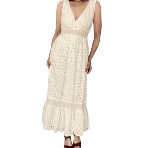 Anthropologie Leifnotes Off White Sleeveless Cotton Eyelet Boho Maxi Dress 6